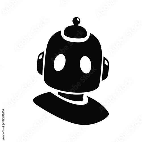Black and white silhouette icon of a retro robot head isolated on