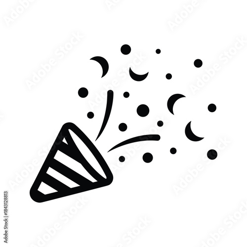 Simple black and white icon of a party popper exploding with confetti isolated on