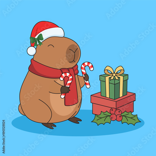 Cute capybara wearing santa hat and holding candy cane cartoon vector illustration