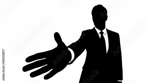 Silhouette of a businessman offering a handshake in a gesture of greeting and partnership.
