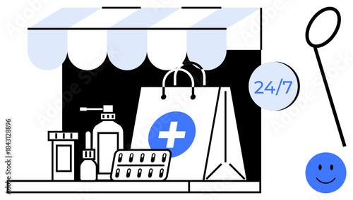 Online pharmacy concept. Digital pharmacy highlighting 247 access, medical supplies, and convenience. Online pharmacy ensuring access to essential healthcare products. For e-commerce, telemedicine