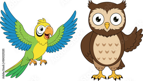 Cute Cartoon Set of a Brightly Colored Flying Macaw Parrot and a Large Brown Wise Owl Vector Illustration.