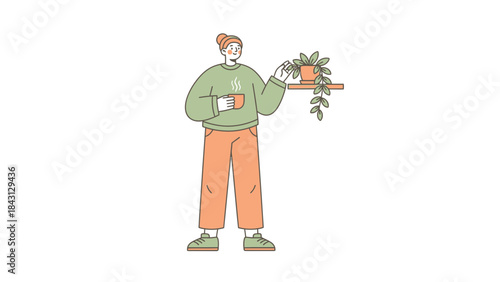 Illustration of a person with a plant and a cup of tea, lifestyle concept