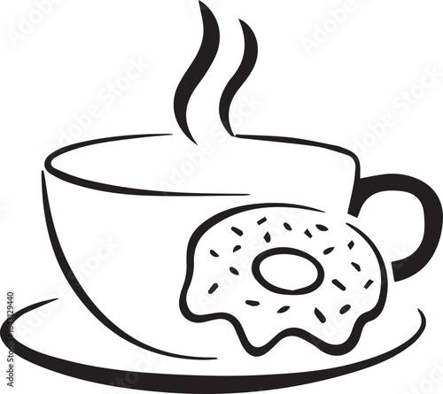 A warm cup of coffee with a frosted donut on a saucer, perfect for a morning treat or break