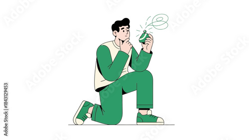 Illustration of a man in green outfit smelling perfume from a bottle on white background