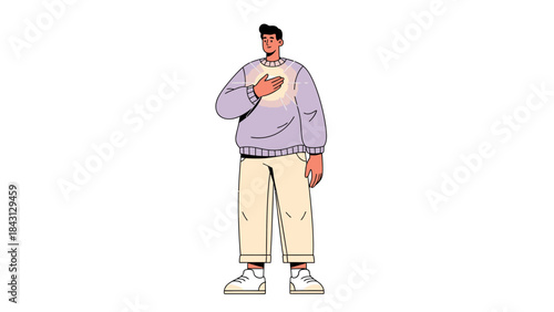 Illustration of a man with hand on chest representing feelings of peace and hope