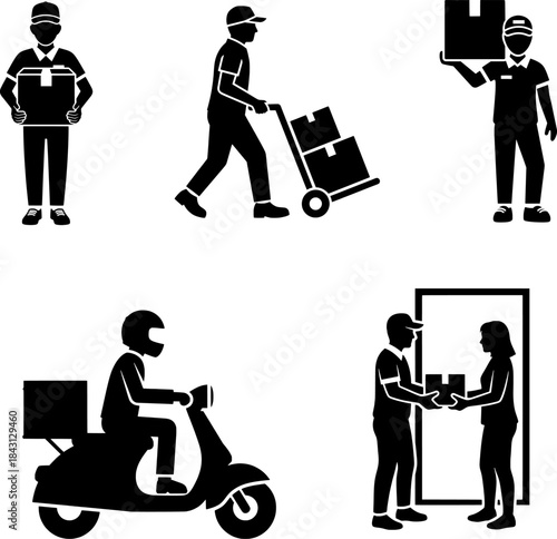 Delivery Service, Courier, and Parcel Post Worker Icon Set