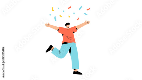 Illustration of a happy person celebrating with confetti, joy and excitement