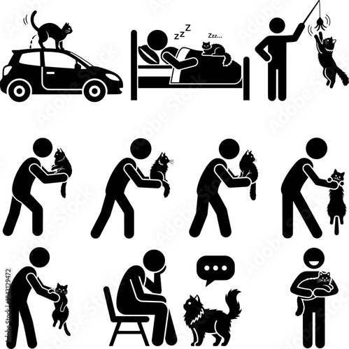 Pet Cat Daily Life, Interaction, and Ownership Pictogram Set
