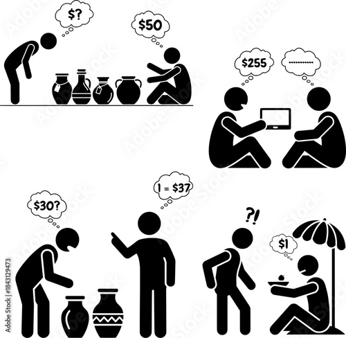 Bargaining, Selling, Buying Process, Price Negotiation and Business Transaction Stick Figures Icon Set