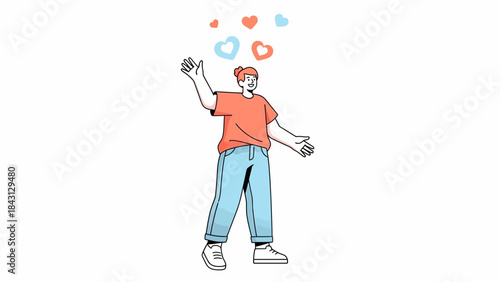 Illustration of a person with hearts floating above, representing love and happiness