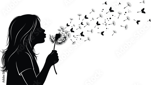 Person blowing dandelion silhouette, flying seeds, butterflies, nature moment, black vector style, cad drawing flat vector illustration, freedom, wish, emotion