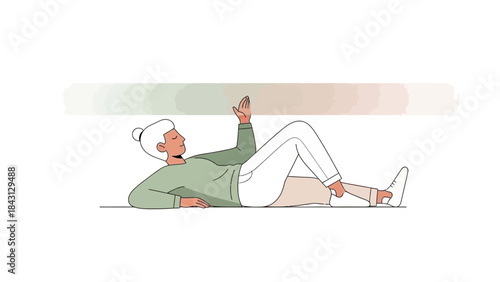 Illustration of a person lying down with hand raised flat and looking up peacefully
