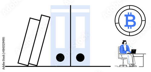 Cryptocurrency theme. Cryptocurrency ed by Bitcoin logo paired with organized work elements. Cryptocurrency blockchain and financial innovation. For fintech, blockchain solutions, business visuals