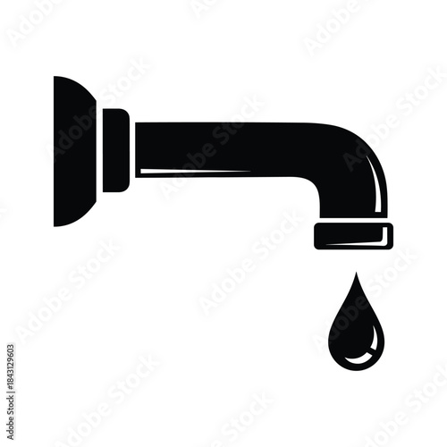 Black silhouette of a faucet with a water drop falling, isolated on