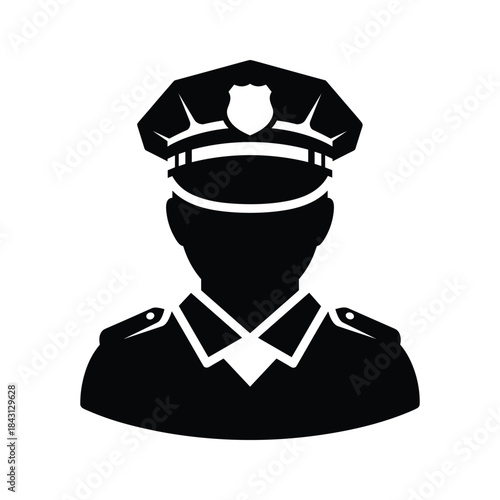 Silhouette of a police officer in uniform with a badge on his hat, isolated on