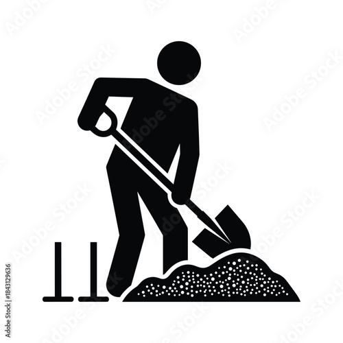 Silhouette of a person digging a pile of dirt with a shovel, isolated on
