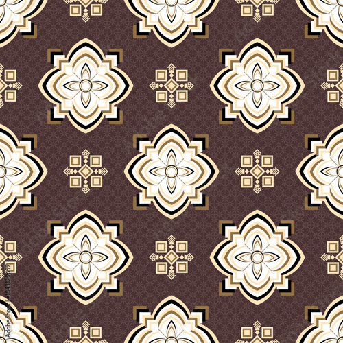 The background features an all-over floral pattern covering the entire surface, using a rich palette of deep and soft reddish-brown tones. The upper background is composed of layered floral motifs arr
