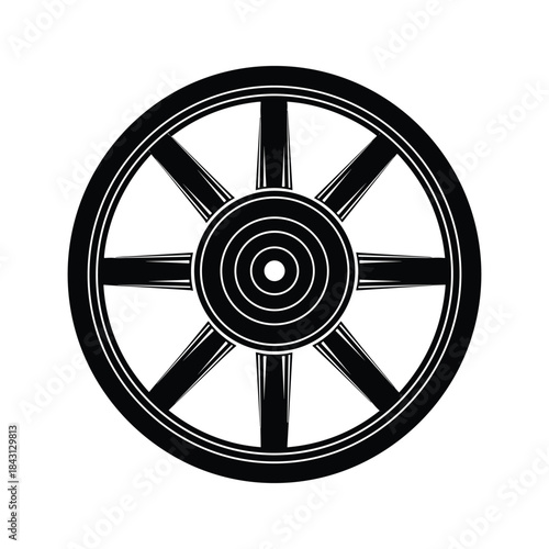 Black and white illustration of a spoked wheel isolated on