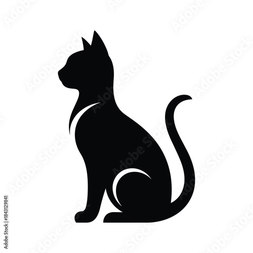 Black cat silhouette sitting and looking to the side, isolated on