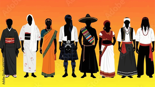 Diverse cultural attire showcased by silhouetted figures.