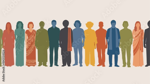 Diverse group of people standing together in a line showcasing cultural diversity.