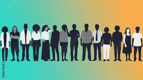 Diverse group of people standing together in silhouette against a colorful gradient background.