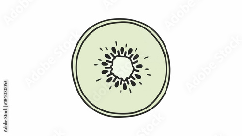 Hand drawn illustration of a kiwi fruit slice with a light green background.