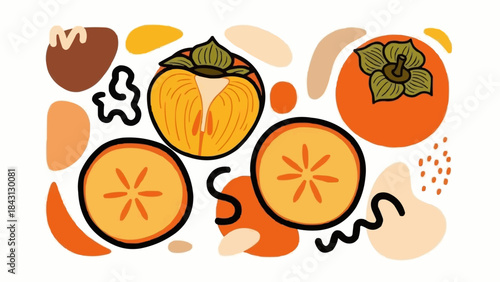 Vibrant Persimmon Fruit Collection Whole and Sliced Art.