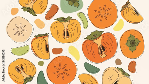 Vibrant Assortment of Fresh Persimmons and Slices.