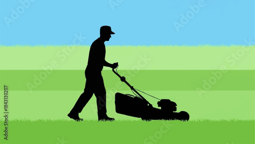 Silhouette of a man mowing the lawn with a lawnmower.