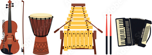 Diverse Collection of Musical Instruments Including Violin, Djembe Drum, Accordion, and Xylophone for Music or Cultural Themes Vector.