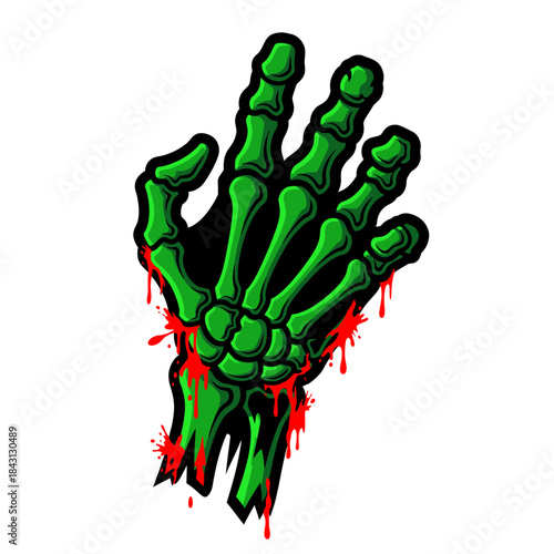 A red human hand with green grass showing an abstract x ray style of bones and nature combined