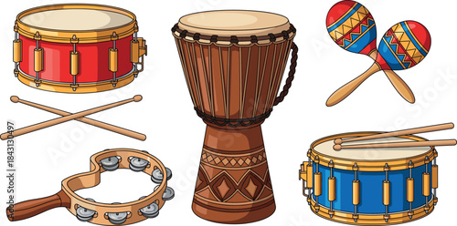 Diverse Set of Cartoon Percussion Instruments Including Djembe, Tambourine, Snare Drum, Maracas, and Drumsticks Vector Illustration.