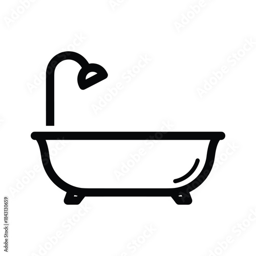 Simple black and white line art icon of a bathtub with a shower head, isolated on