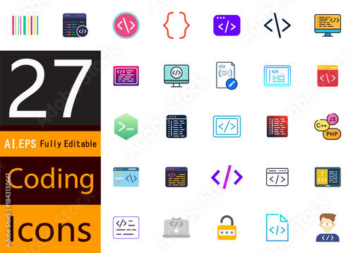 Collection of flat design modern icons representing various coding and programming concepts