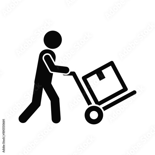 Black silhouette icon of a worker pushing a box on a hand truck, symbolizing delivery and logistics, isolated on