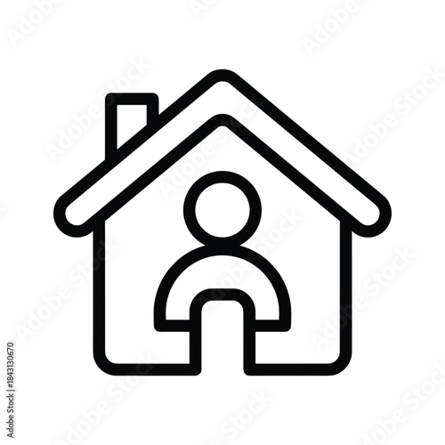 Black and white line art icon depicting a person figure inside a small house structure, representing residence or user profile