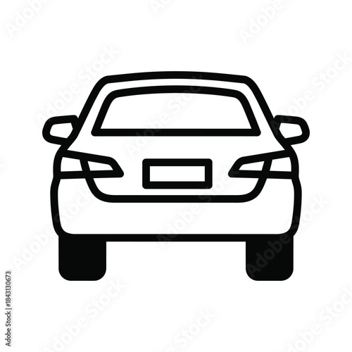 Simple black outline icon illustrating the rear view of a passenger car or sedan, isolated on
