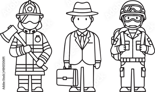 Firefighter Detective and Soldier Coloring Page for Kids