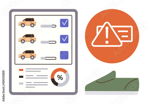 Car selection form showing checklist, percent chart, alert icon, green shoe. Ideal for decision-making, evaluation, safety, transportation risk assessment market analysis simplicity. A clean flat