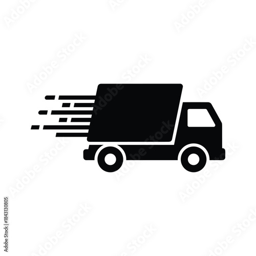 Black silhouette icon of a fast moving delivery van for express delivery and logistics, isolated on