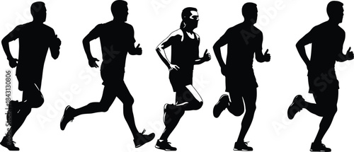 Running silhouette sequence, athletic motion, stride cycle, human biomechanics, sports training, fitness concept, dynamic posture, vector illustration, isolated black figures, movement study