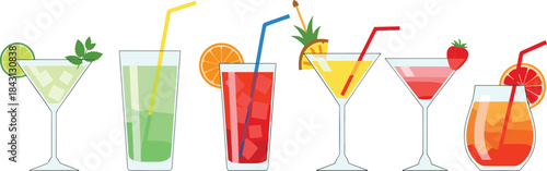 Vibrant flat design vector set of various summer cocktails and beverages, including martinis, highballs, and fruity drinks with garnishes for bar menus and party themes.Vibrant flat design vector set 