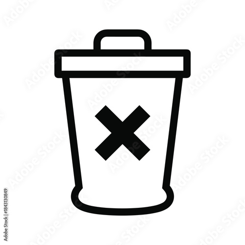 Simple black and white icon of a trash can with a cross symbol, representing deletion or removal, isolated on