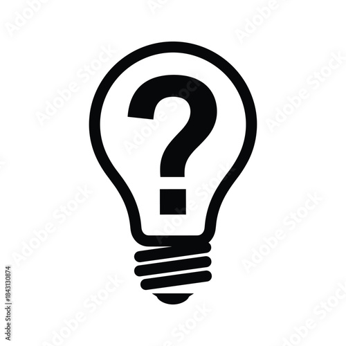 A black and white illustration of a light bulb with a question mark inside, symbolizing a question or an idea
