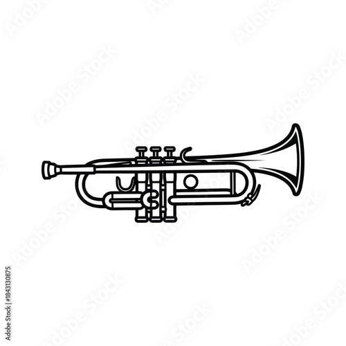 Black and white line drawing of a trumpet isolated on