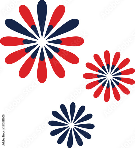Abstract vector design featuring multiple radially symmetrical shapes in striking red and navy blue, resembling stylized fireworks, flowers, or bursts for celebratory and patriotic designs.Abstract ve