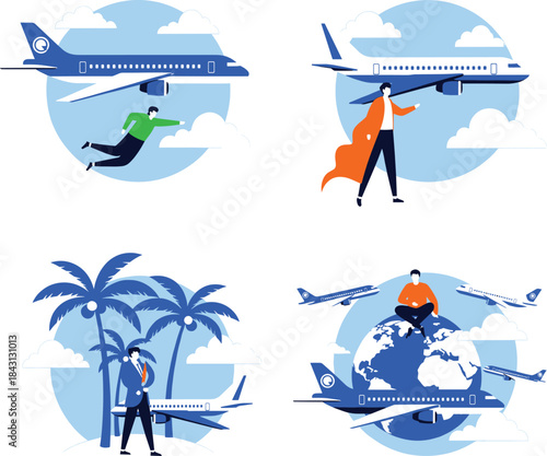 Abstract vector set illustrating air travel and tourism concepts featuring planes, a superhero traveler, tropical island, palm trees, and globetrotting for flight promotions.