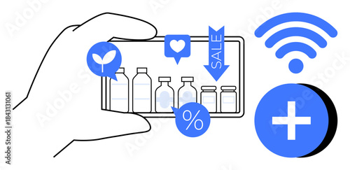 Online shopping. Smartphone displaying product icons, sale tags, and digital connectivity elements. Online shopping transforming retail through mobile commerce and marketing. For e-commerce, mobile